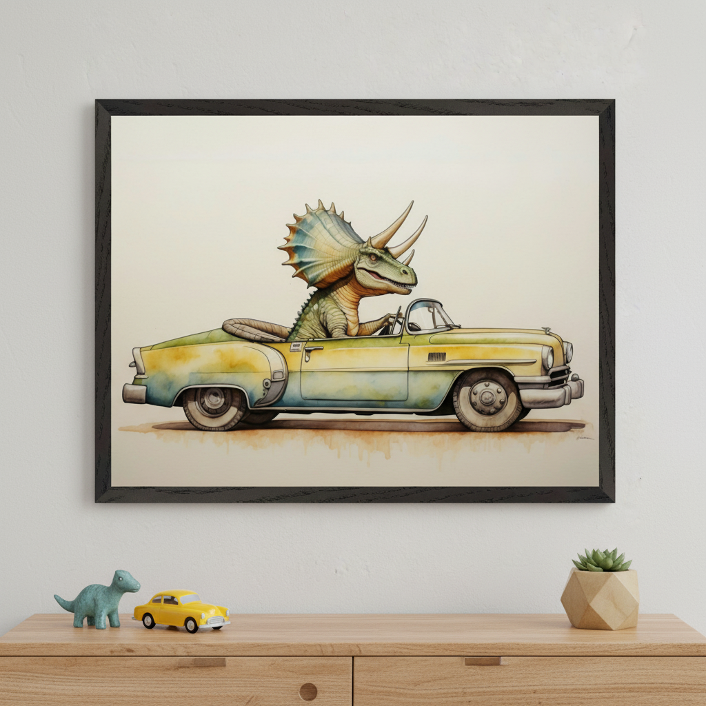 Kid's room with a light wood dresser. A black-framed watercolor painting of a green triceratops driving a two-tone vintage convertible car hangs centered above the dresser.