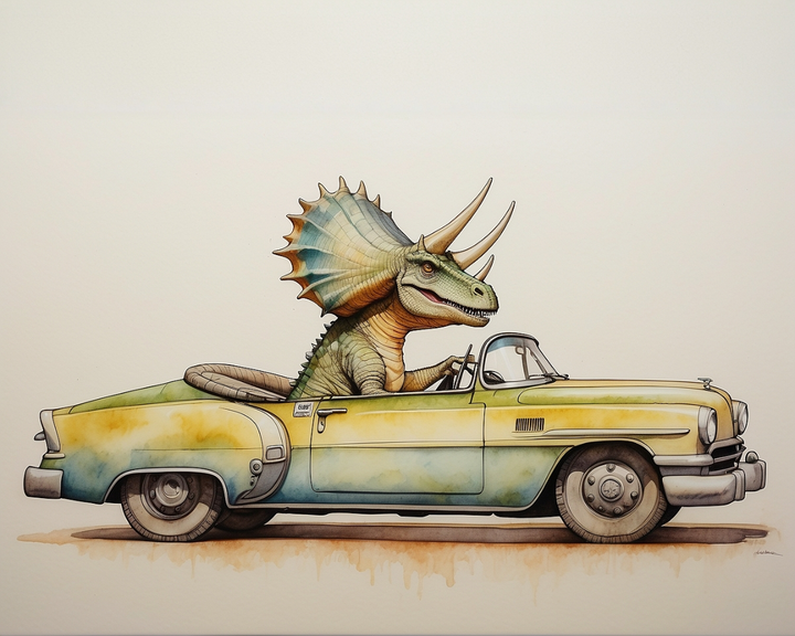 A whimsical illustration features a triceratops driving a vintage yellow and blue convertible, showcasing its large frill and horns. The car's classic design contrasts humorously with the prehistoric driver.