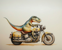 A colorful dinosaur humorously rides a vintage motorcycle with a yellow fuel tank and saddlebags, set against a plain background.