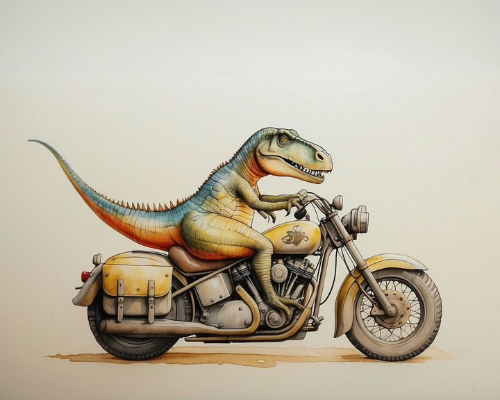 A colorful dinosaur humorously rides a vintage motorcycle with a yellow fuel tank and saddlebags, set against a plain background.