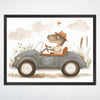 Dinosaur Wall Art for Nursery, Playroom or Kids Bedrooms - Vintage Car Adventure with Stylish Dino and Bird in Watercolor Decor - Rex Roadtrip