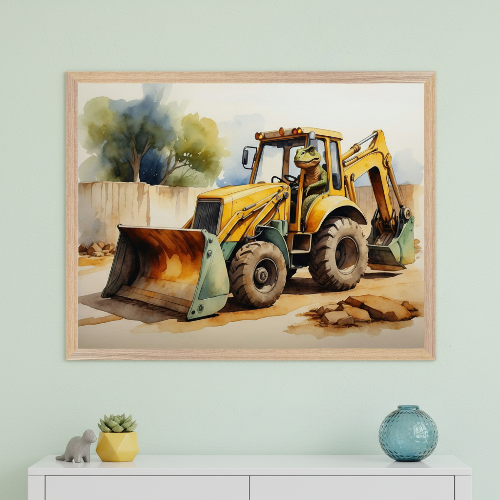 Modern room with a light green wall and a white dresser. Above it hangs a framed watercolor painting of a green dinosaur driving a yellow excavator. A small gray dinosaur, a succulent, and a blue vase decorate the dresser.