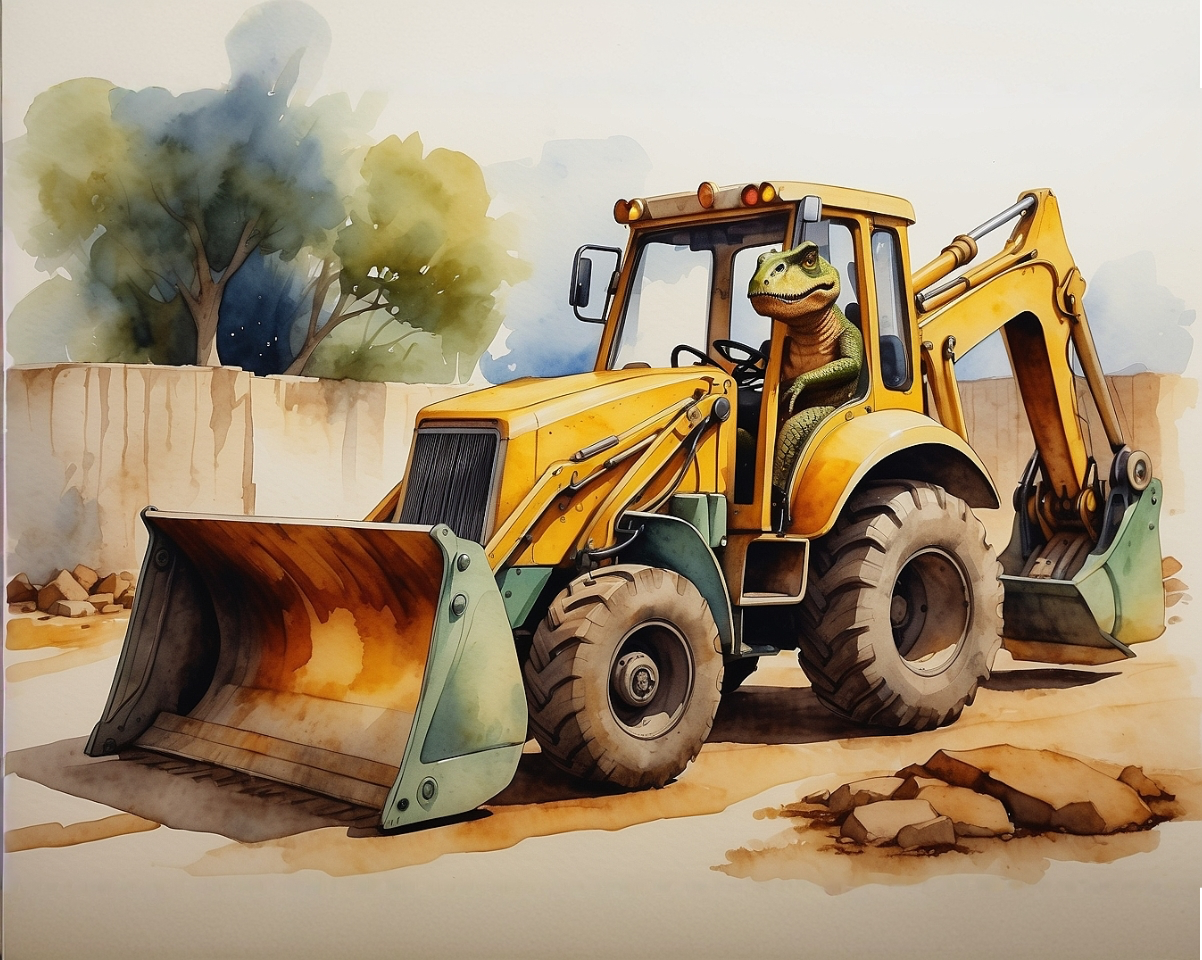 A cartoonish dinosaur is sitting in the driver's seat of a large yellow backhoe loader, with its head peeking out of the window, set against a backdrop of trees and a concrete wall.