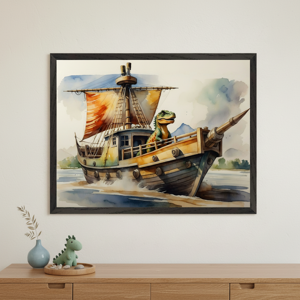 Modern kid's room with a wooden dresser. A large framed watercolor print of a green dinosaur on a wooden pirate ship with orange sails in water hangs centered above the dresser. A green dinosaur toy and vase are on the dresser.