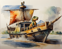 A whimsical scene of a dinosaur aboard a wooden ship with a colorful sail, sailing swiftly across the water. The ship features a prominent prow and detailed rigging, set against a backdrop of distant mountains and a cloudy sky.