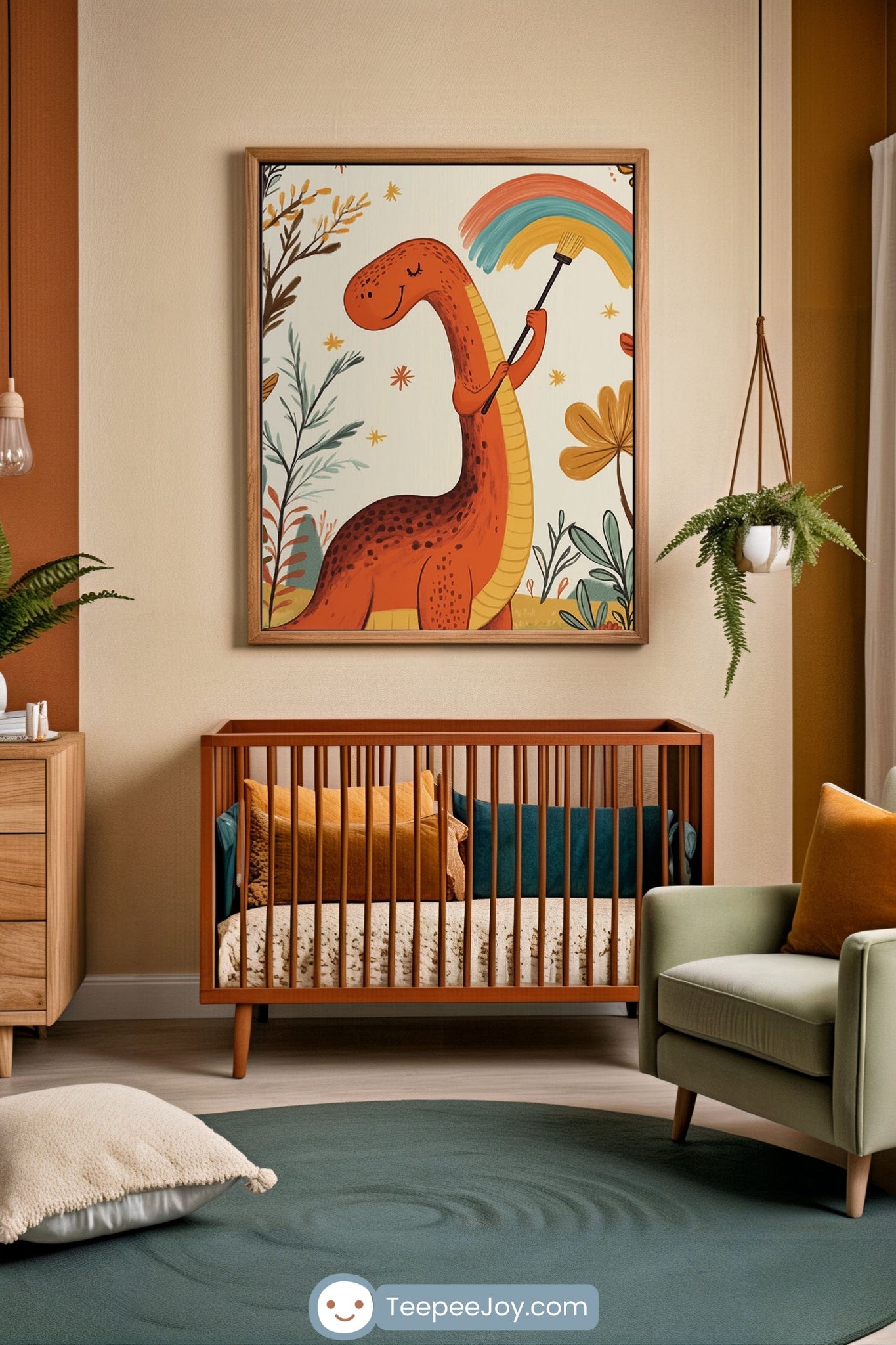 Playful nursery with a warm retro palette, featuring a burnt orange crib, mustard and teal pillows, and a cozy sage green armchair. Above the crib hangs a cheerful art print of a smiling orange dinosaur painting a rainbow, surrounded by illustrated plants and stars. The space is styled with wooden furniture, hanging greenery, and a soft circular rug for a cozy, creative vibe.