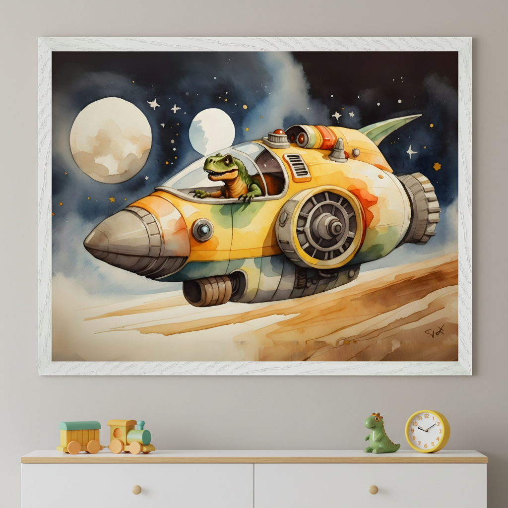Kid's room with a white dresser. A large white-framed watercolor painting of a green dinosaur in a yellow spaceship flying past moons and stars hangs above. On the dresser are a wooden train, a dinosaur figurine, and a yellow clock.