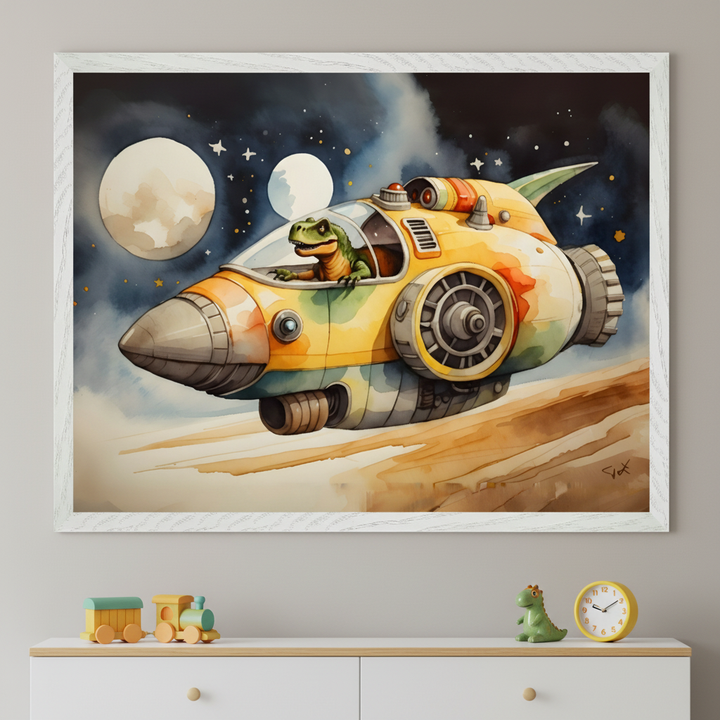 Kid's room with a white dresser. A large white-framed watercolor painting of a green dinosaur in a yellow spaceship flying past moons and stars hangs above. On the dresser are a wooden train, a dinosaur figurine, and a yellow clock.