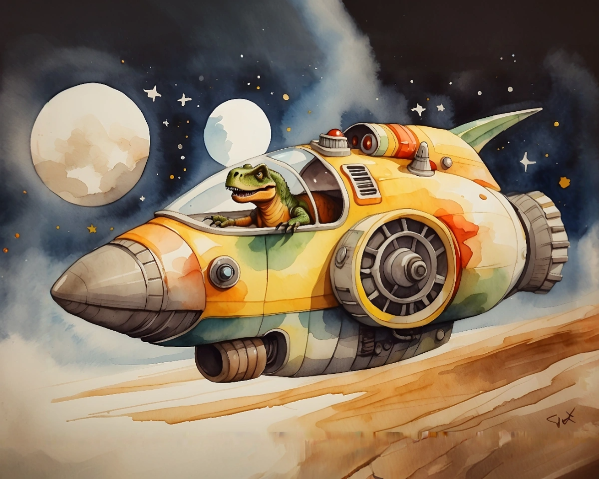A cheerful dinosaur pilots a colorful, retro-style spaceship through a starry sky, with two large moons in the background. The spacecraft features a vibrant mix of orange, yellow, and green hues, and has a sleek, rounded design with visible engines.