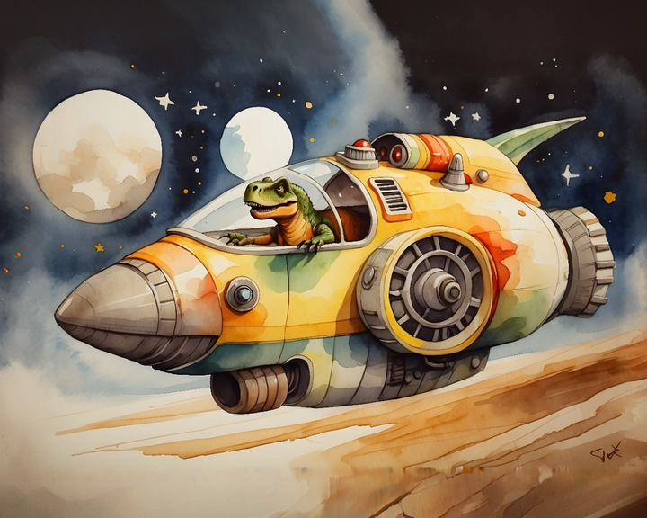 A cheerful dinosaur pilots a colorful, retro-style spaceship through a starry sky, with two large moons in the background. The spacecraft features a vibrant mix of orange, yellow, and green hues, and has a sleek, rounded design with visible engines.