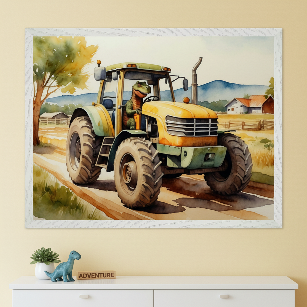 Kid's room with a white dresser. A large framed watercolor print of a green dinosaur driving a yellow tractor on a farm road hangs centered above. A blue dinosaur toy and "ADVENTURE" block are on the dresser.