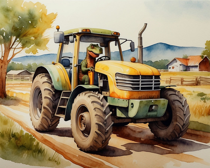 A whimsical illustration shows a dinosaur driving a large, colorful tractor along a dirt path. The tractor is predominantly yellow and green, with oversized tires. In the background, a rural landscape features a tree, a wooden fence, and distant farm buildings under a clear blue sky.