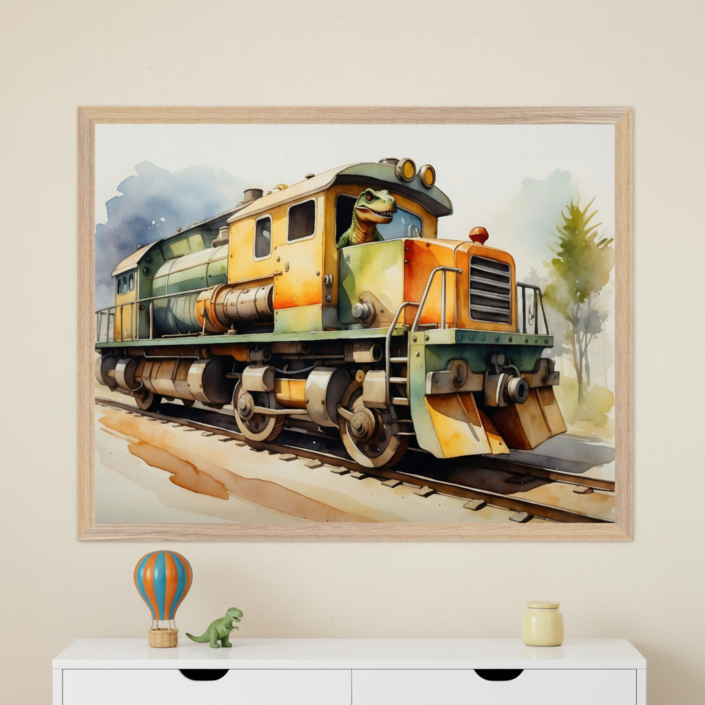 Kid's room with a framed watercolor print of a green dinosaur driving a yellow and green train, centered above a white dresser. A blue and orange hot air balloon toy, a green dinosaur toy, and a yellow jar sit on the dresser.