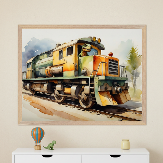Kid's room with a framed watercolor print of a green dinosaur driving a yellow and green train, centered above a white dresser. A blue and orange hot air balloon toy, a green dinosaur toy, and a yellow jar sit on the dresser.