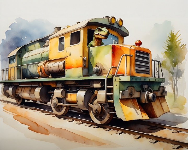 A whimsical illustration of a dinosaur driving a colorful train, with the dinosaur peeking out of the locomotive's cabin. The train features a mix of green, orange, and yellow hues, and is set on a railroad track with trees in the background.