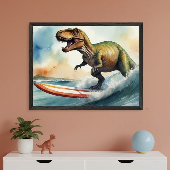 Modern kid's room with a warm salmon wall. A white dresser holds a potted plant, dinosaur figurine, and blue sphere, and sits below a framed watercolor print of a T-Rex surfing on a red and white surfboard.