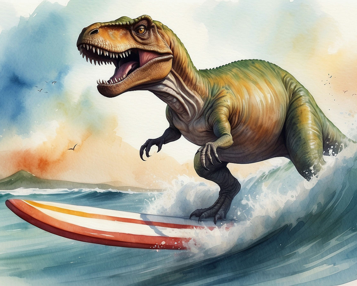 Surfing Dinosaur Wall Art for Nursery, Playroom or Kids Bedrooms - Fun and Adventurous T-Rex Riding the Waves - Surfin' Saurus