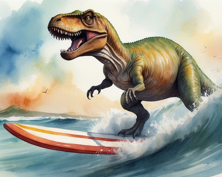 A dinosaur, resembling a T-Rex, rides a surfboard on a wave, with its mouth open as if roaring. The surfboard has red and yellow stripes, and the scene is set against a vibrant sky with birds flying in the background.