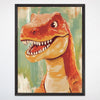 Dinosaur Wall Art for Nursery, Playroom or Kids Bedrooms - Playful T-Rex Portrait in Bright Orange and Green Brushstroke Decor - Jurassic Jaws