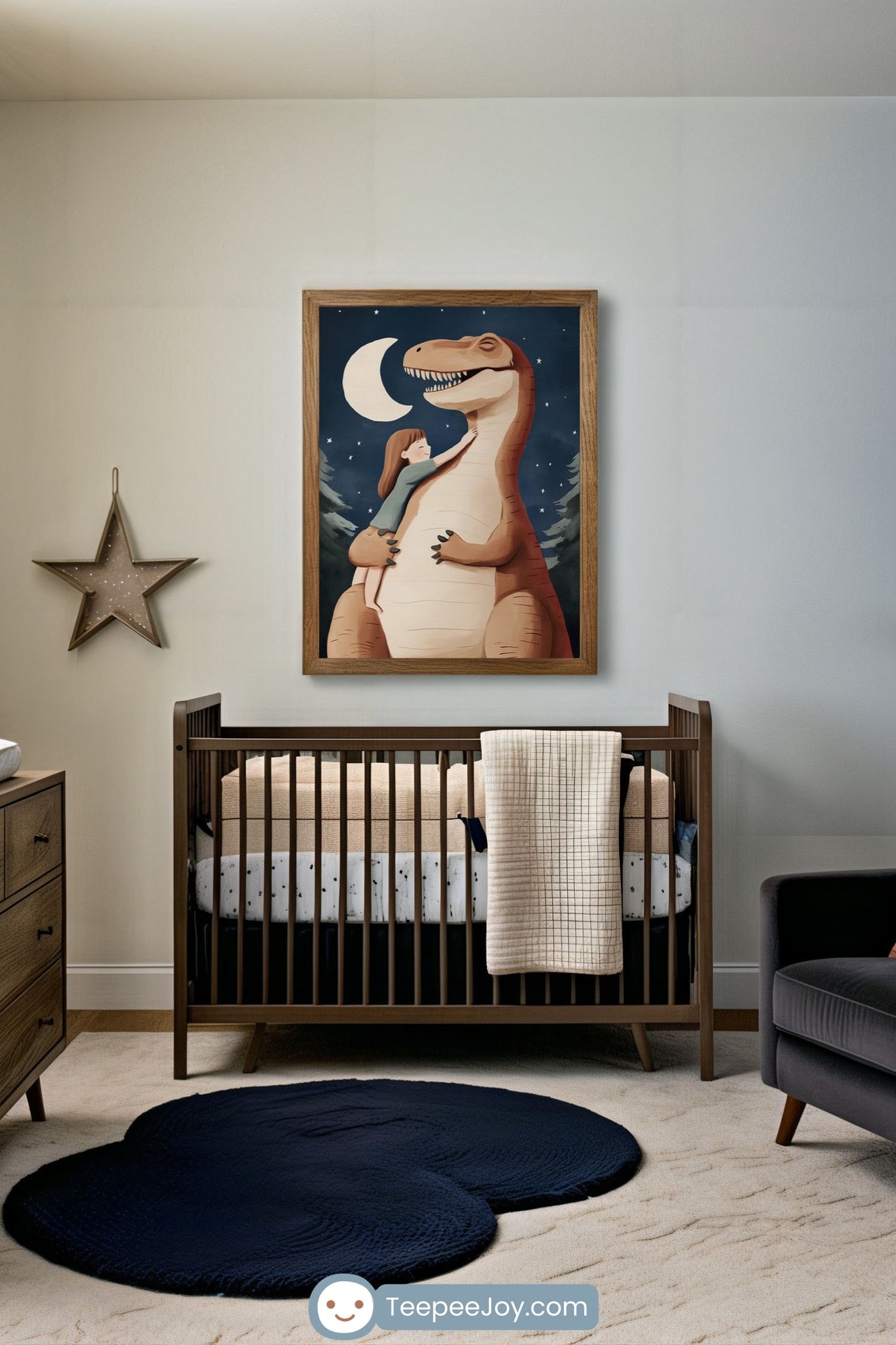 Cozy nursery featuring a white crib with soft peach and brown bedding, topped with a tri-tone quilt, beneath a framed illustration of a polar bear and a brown bear hugging under a snowy night sky with the aurora borealis in the background. The room is styled with neutral tones, a fluffy cream rug, and rustic wood accents.