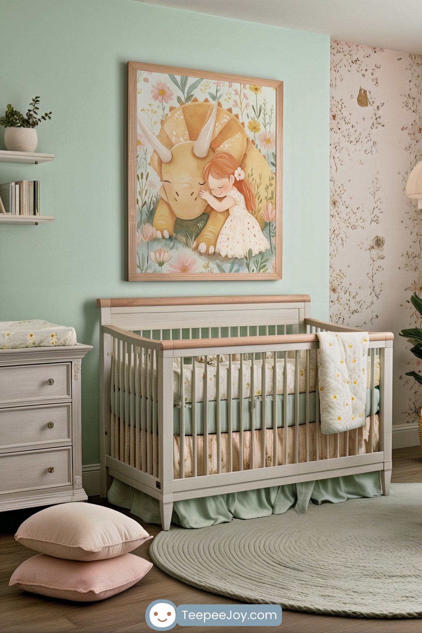 Pastel nursery decorated with a framed illustration of a young girl hugging a smiling yellow triceratops surrounded by wildflowers. The room features a soft mint green wall, a white and natural wood crib with floral bedding, a sage green round rug, and light pink accent pillows.