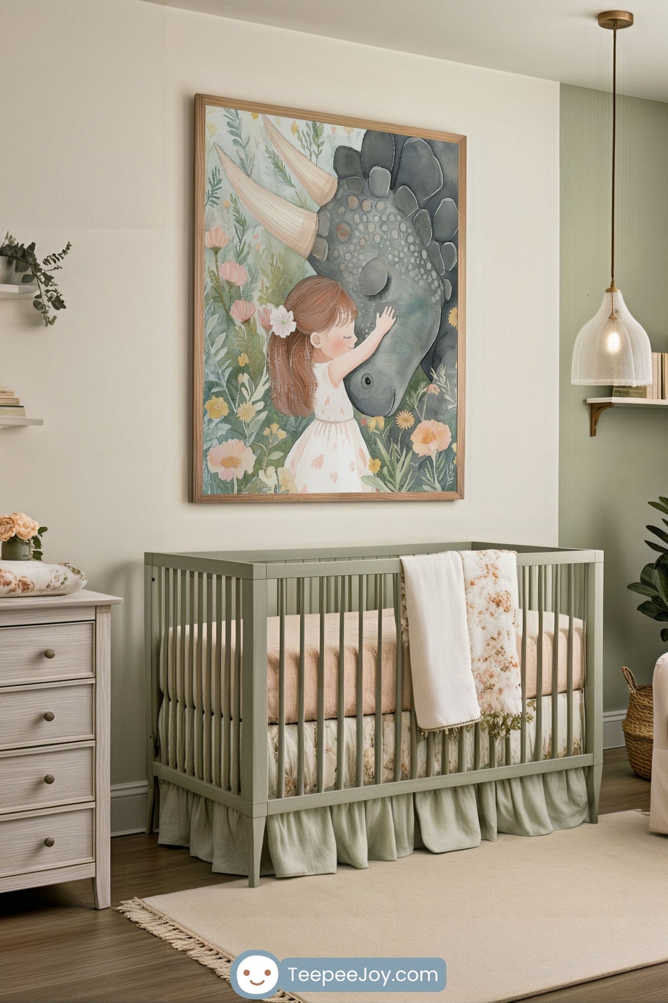 Calming nursery with a framed illustration of a young girl gently resting her hand on a dark gray triceratops, surrounded by soft pastel wildflowers and greenery. The room features a sage green crib with peach bedding, floral accents, and light wood furniture under warm, natural lighting.