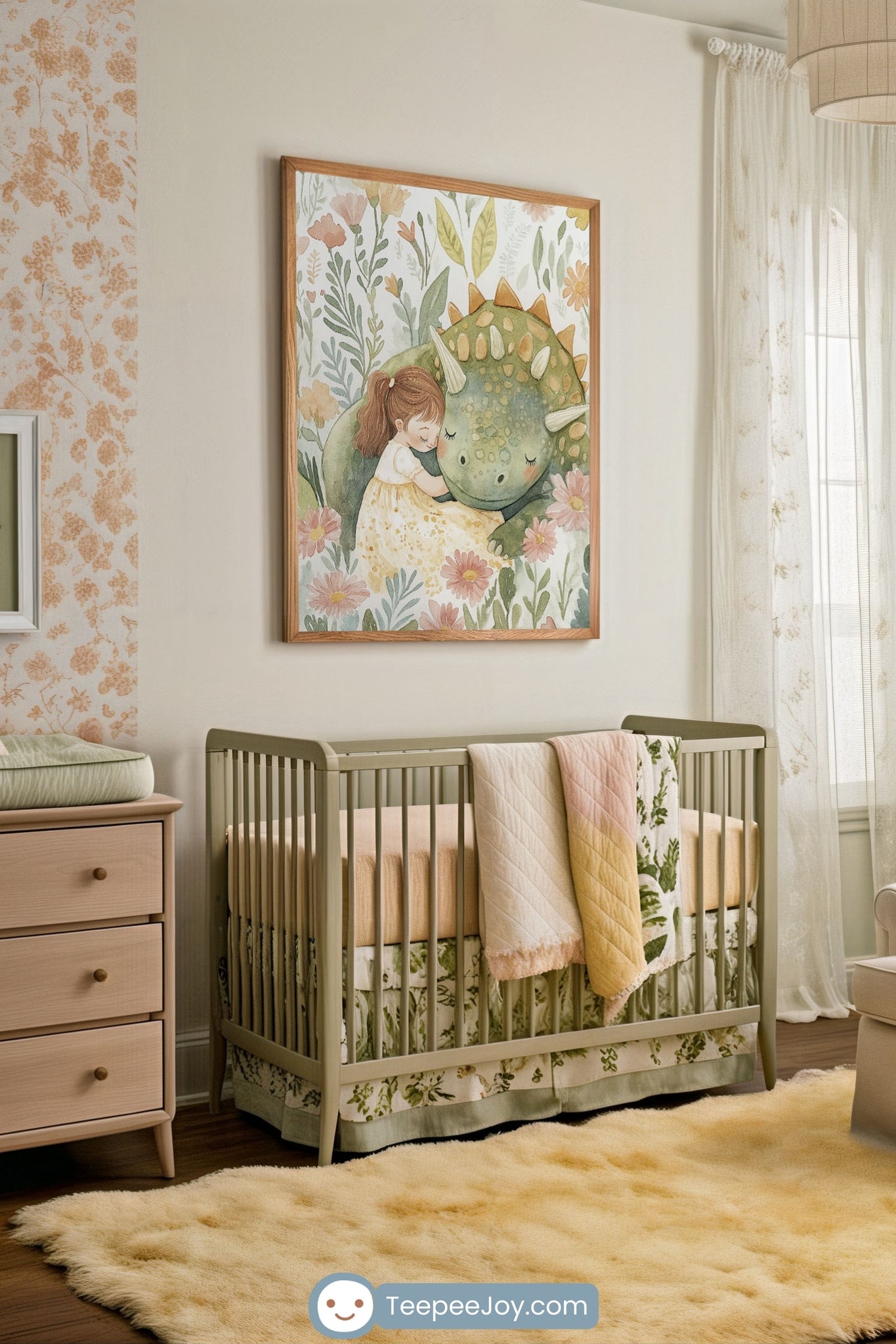 Gentle, floral-themed nursery featuring a framed illustration of a young girl cuddling a sleeping green dinosaur with orange spikes, surrounded by pastel wildflowers. The room includes a sage green crib with peach and botanical bedding, a two-tone quilt, light wood furniture, and a plush yellow rug.