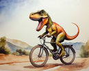 A cartoon T. rex joyfully rides a bicycle on a sunny day, with its mouth open wide in excitement. The dinosaur's green and orange scales contrast with the simple gray bike, set against a backdrop of rolling hills and trees under a blue sky.