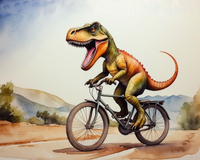 A cartoon T. rex joyfully rides a bicycle on a sunny day, with its mouth open wide in excitement. The dinosaur's green and orange scales contrast with the simple gray bike, set against a backdrop of rolling hills and trees under a blue sky.