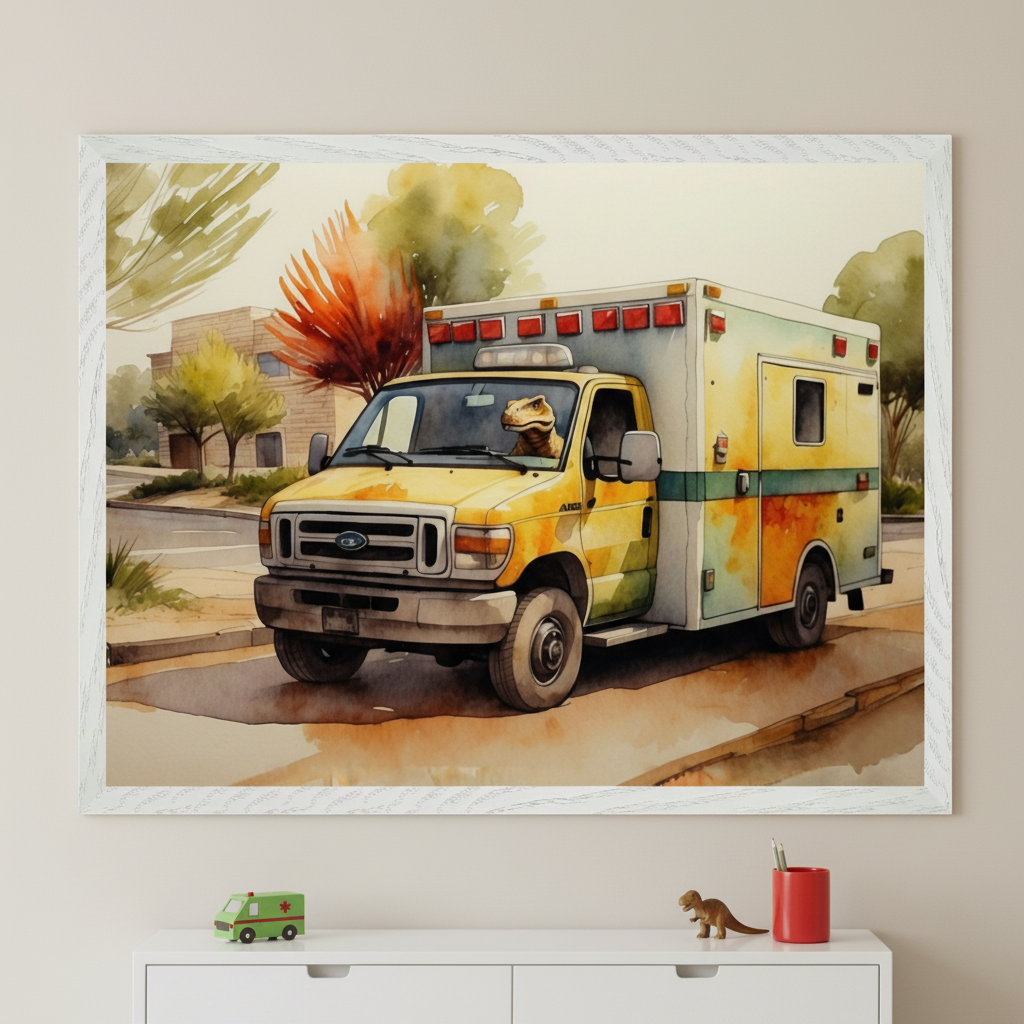 Kid's room with a white dresser. Above it, a framed watercolor painting shows a yellow ambulance with a dinosaur driving, on a street scene. A green toy ambulance and dinosaur figure are on the dresser.