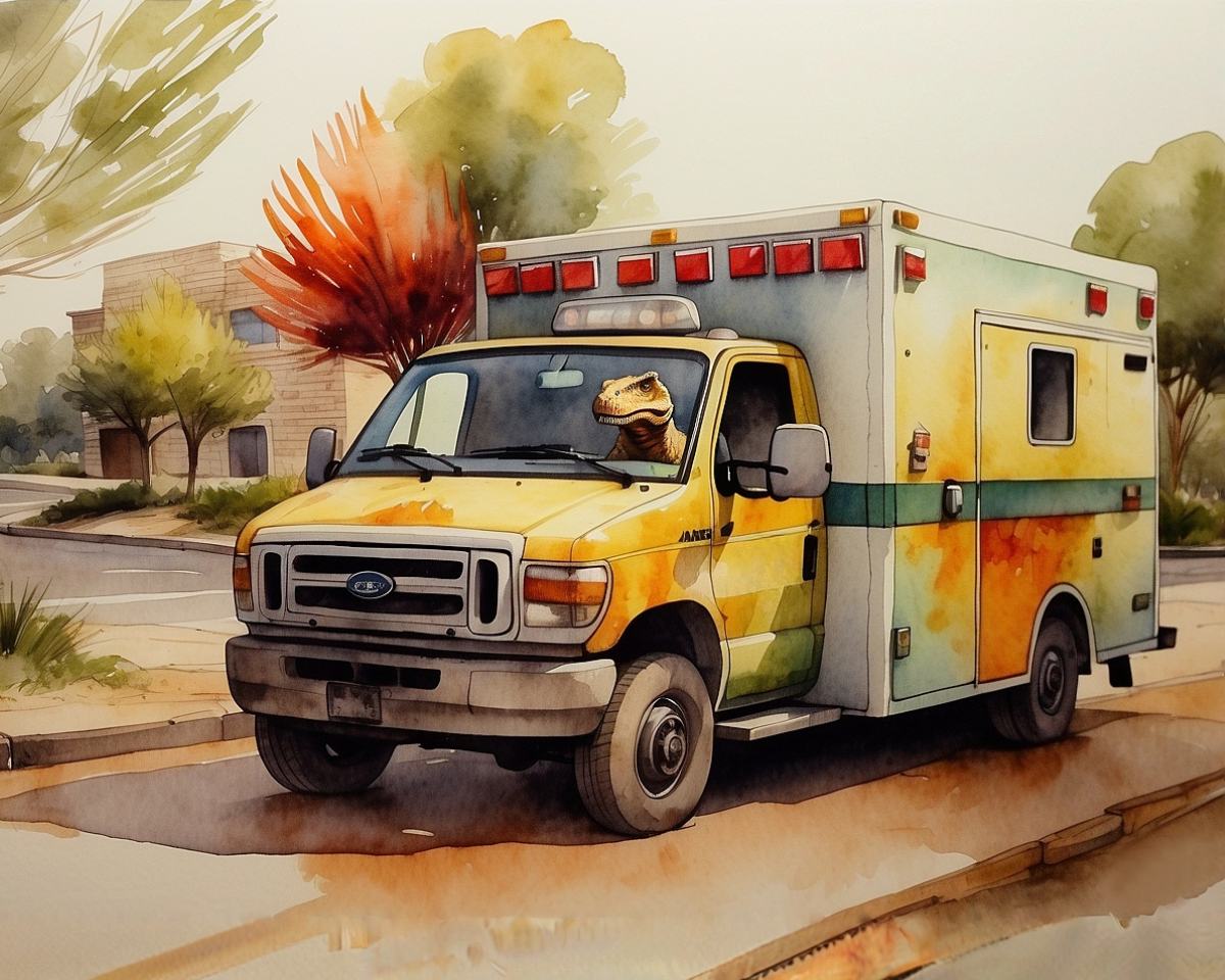 A whimsical watercolor illustration shows an ambulance parked on a street, with a dinosaur humorously sitting in the driver's seat. The vehicle is painted in shades of yellow and green, and the background features trees and a building under a soft sky.