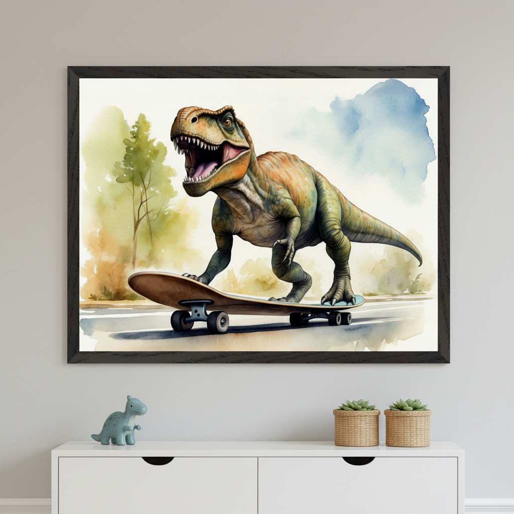 Modern child's room featuring a white dresser. A large framed watercolor painting of a T-Rex riding a skateboard is centered above the dresser. A small blue dinosaur toy and two potted succulents are on the dresser.