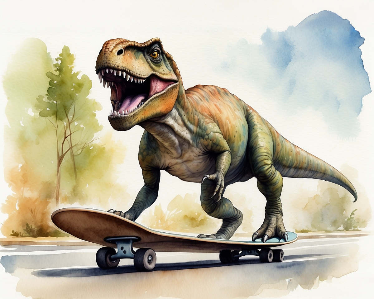 A whimsical illustration of a T. rex riding a skateboard down a street, with its mouth open in excitement. The dinosaur has a textured green and orange body, and the scene is set against a backdrop of blurred trees and a soft blue sky.