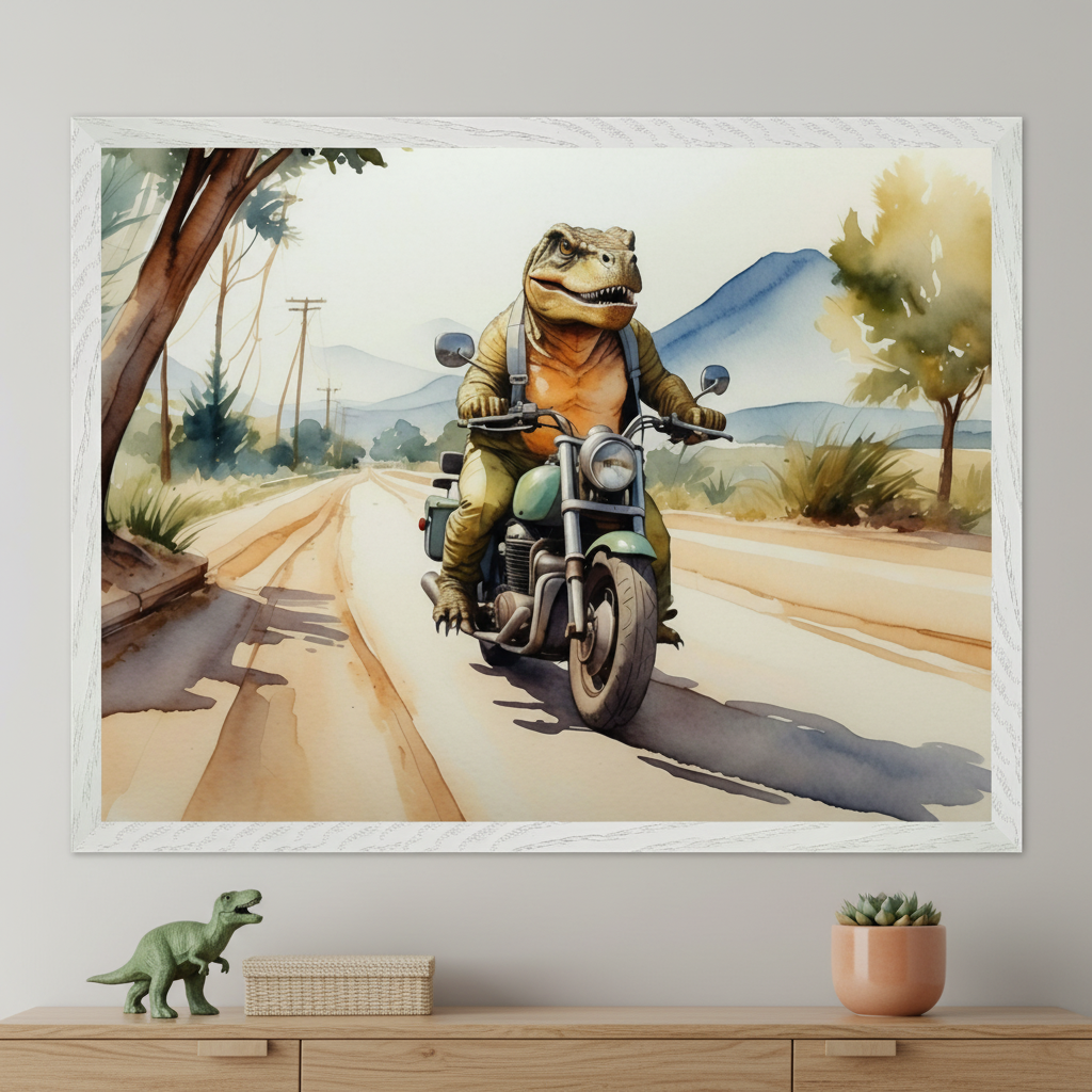 Modern room with a light wooden console. A large white-framed watercolor painting of a dinosaur in overalls riding a green motorcycle on a dirt road hangs above the console. A toy dinosaur and a succulent are on the console.