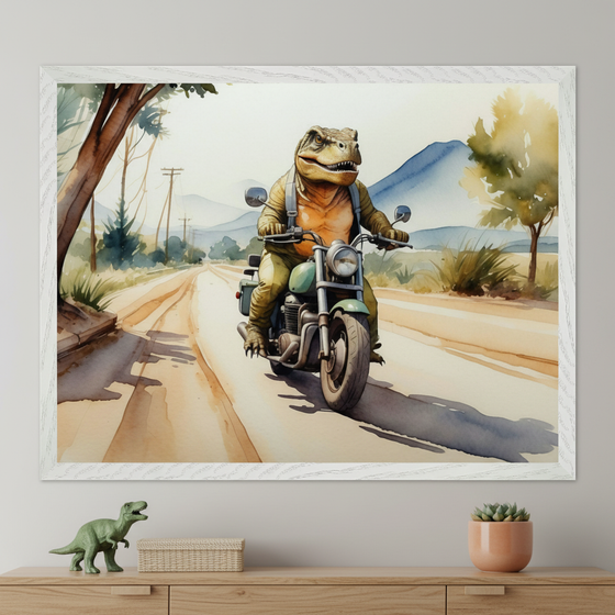 Modern room with a light wooden console. A large white-framed watercolor painting of a dinosaur in overalls riding a green motorcycle on a dirt road hangs above the console. A toy dinosaur and a succulent are on the console.