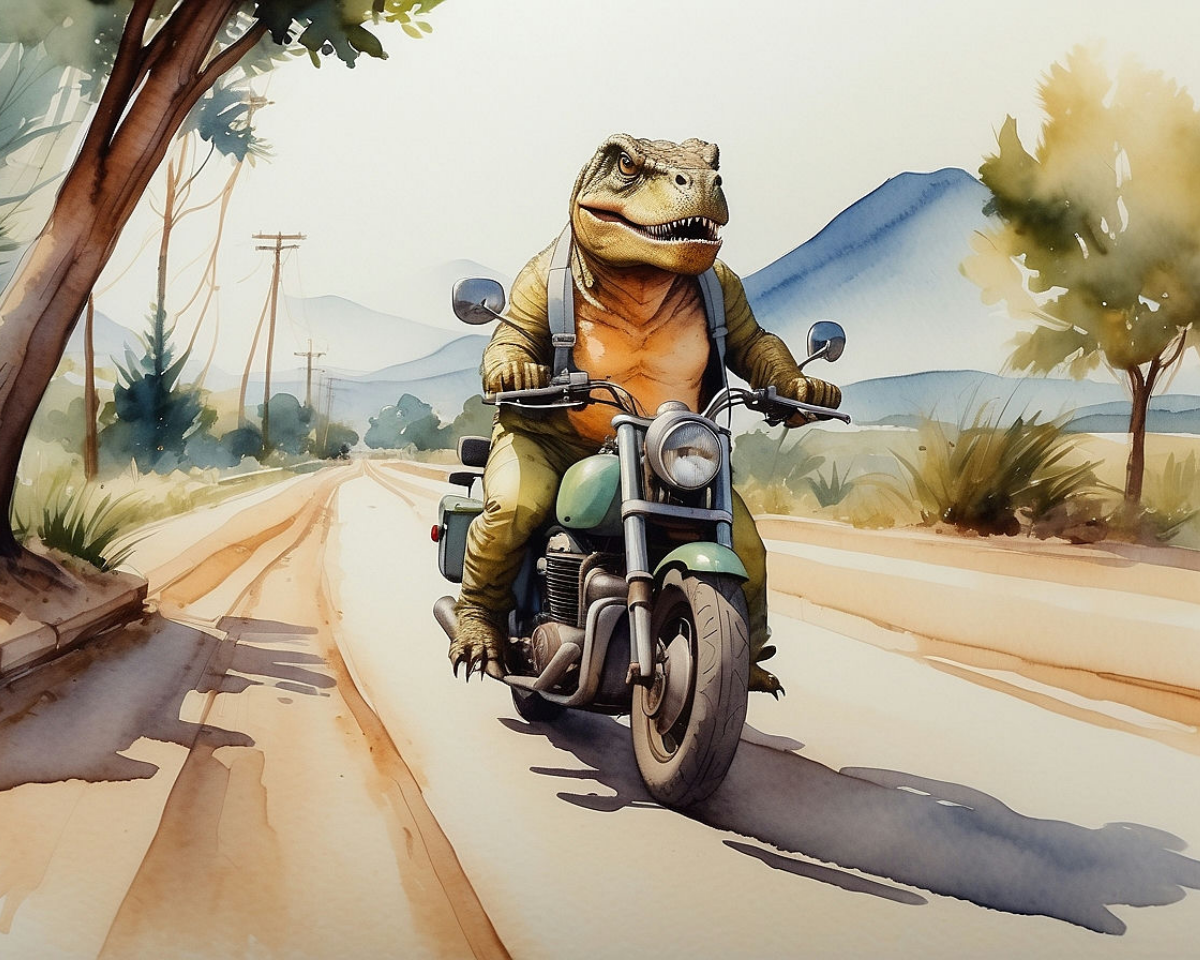 A whimsical scene of a T-Rex riding a green motorcycle down a sunlit country road, surrounded by trees and distant mountains, under a clear blue sky.