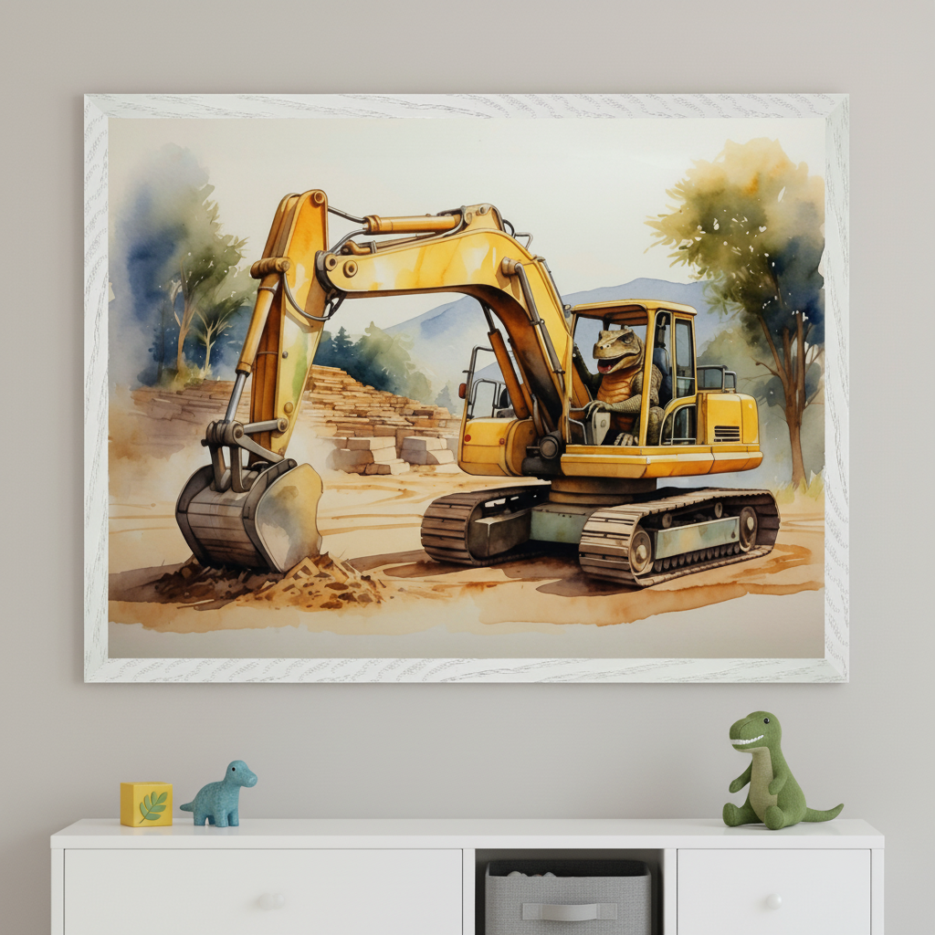 Modern kid's room with a white dresser. A large framed watercolor painting shows a dinosaur driving a yellow excavator on a construction site, centered above the dresser. Small dinosaur toys and a block sit on the dresser.