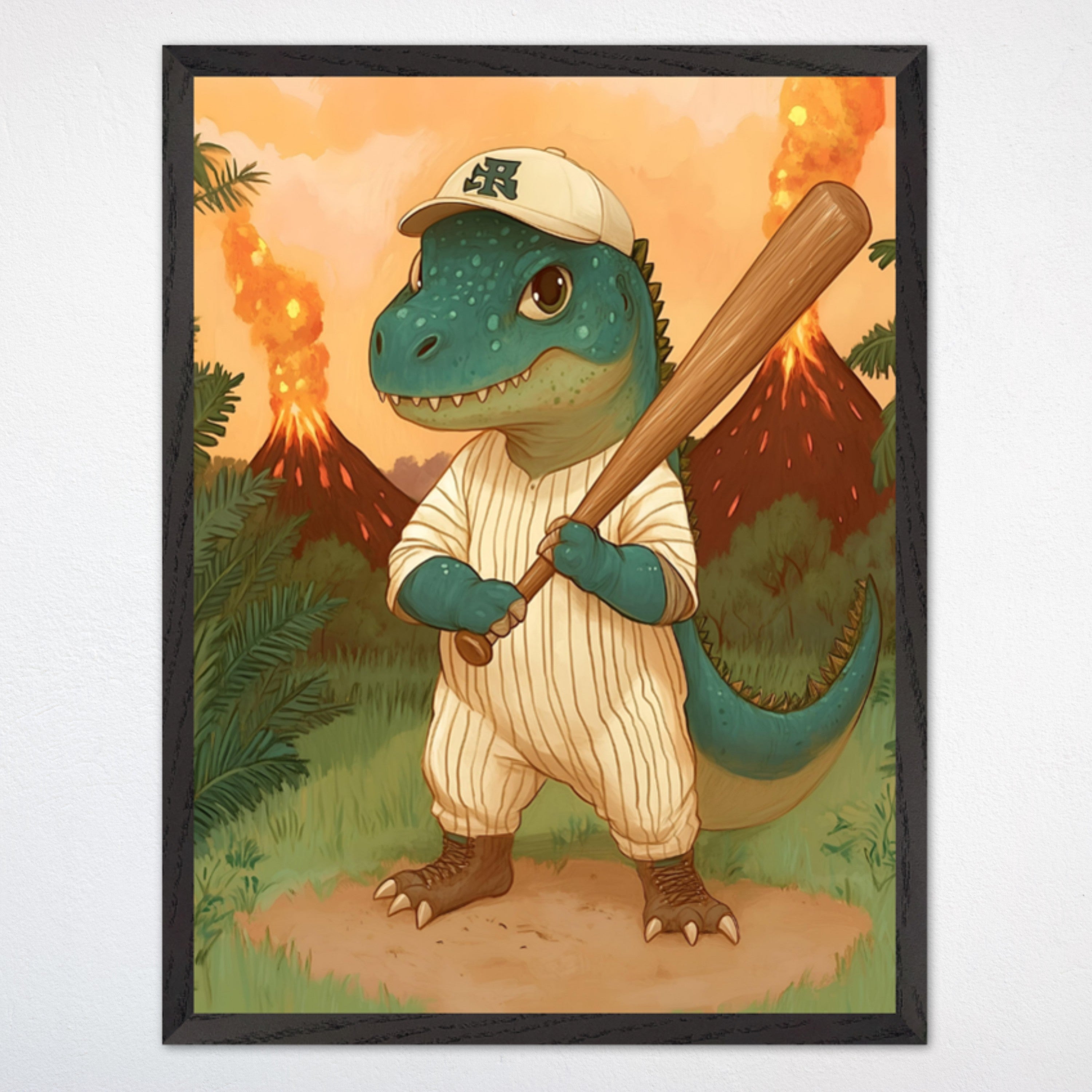 Dinosaur Baseball Player Wall Art for Nursery, Playroom or Kids Bedrooms - Prehistoric Sports Decor - Jurassic Swing