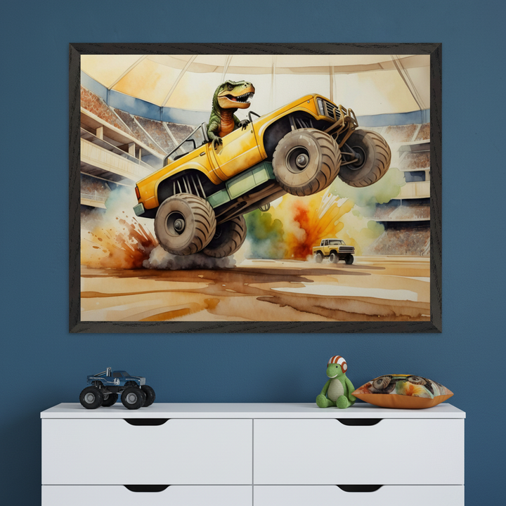 Kid's bedroom features a dark blue wall with a large framed watercolor painting of a dinosaur driving a monster truck doing a wheelie. The artwork is centered above a white dresser with a toy monster truck, a dinosaur plush, and a pillow.