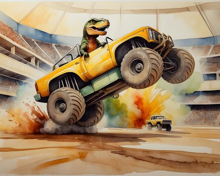 A vibrant illustration depicts a T-Rex driving a yellow monster truck with oversized wheels, performing a dramatic jump in an arena. Colorful smoke and dust explode from the ground, while a smaller truck is visible in the background, enhancing the action-packed scene.