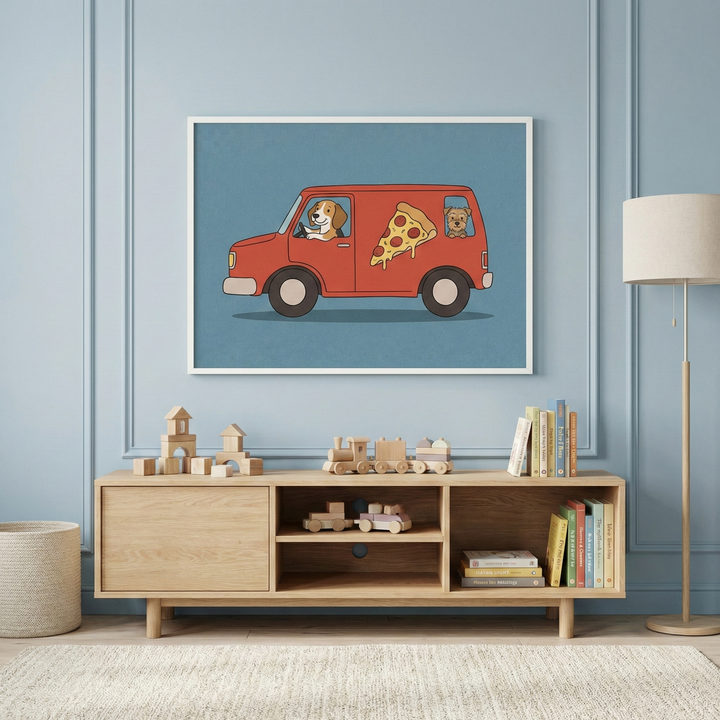 Playful and minimalist cute dog driving a red van wall art hanging above a light wood sideboard in a modern children’s playroom.