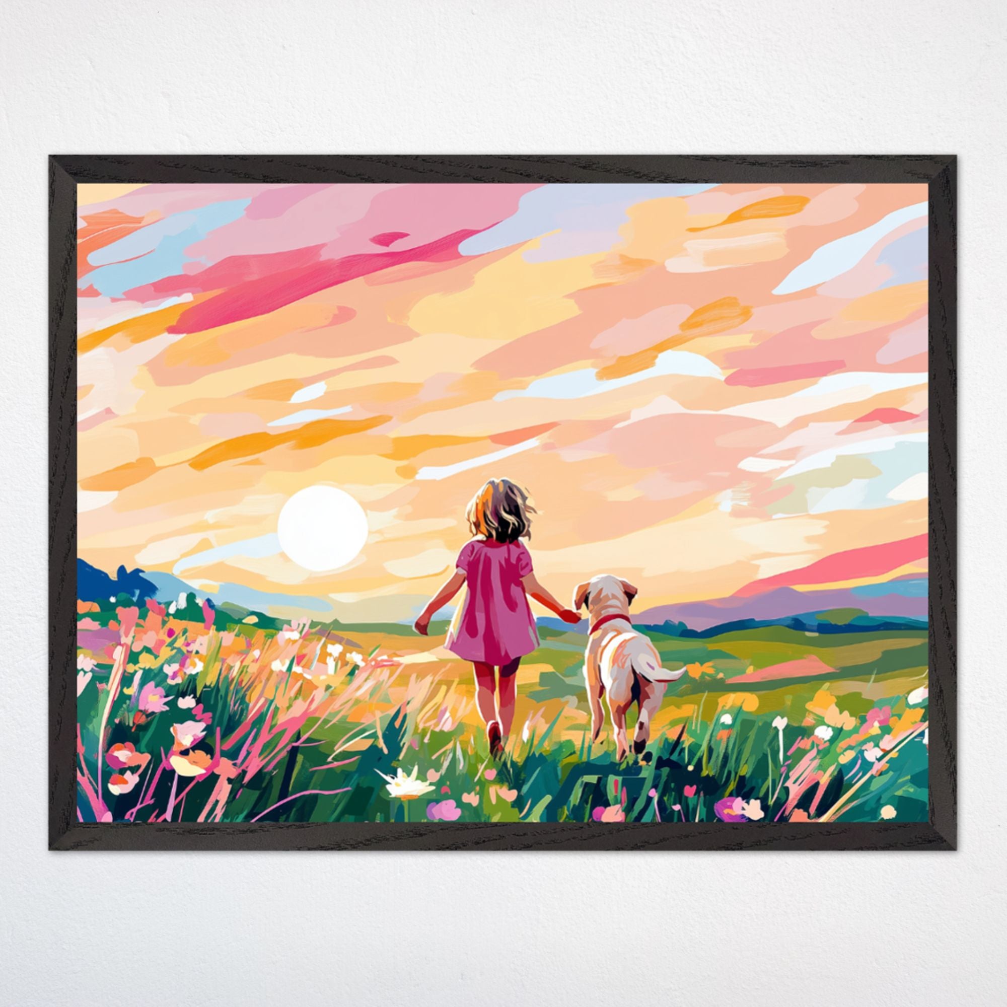 Girl and Dog Sunset Wall Art for Nursery, Playroom or Kids Bedrooms - Colorful Floral Meadow Decor - Chasing Daylight