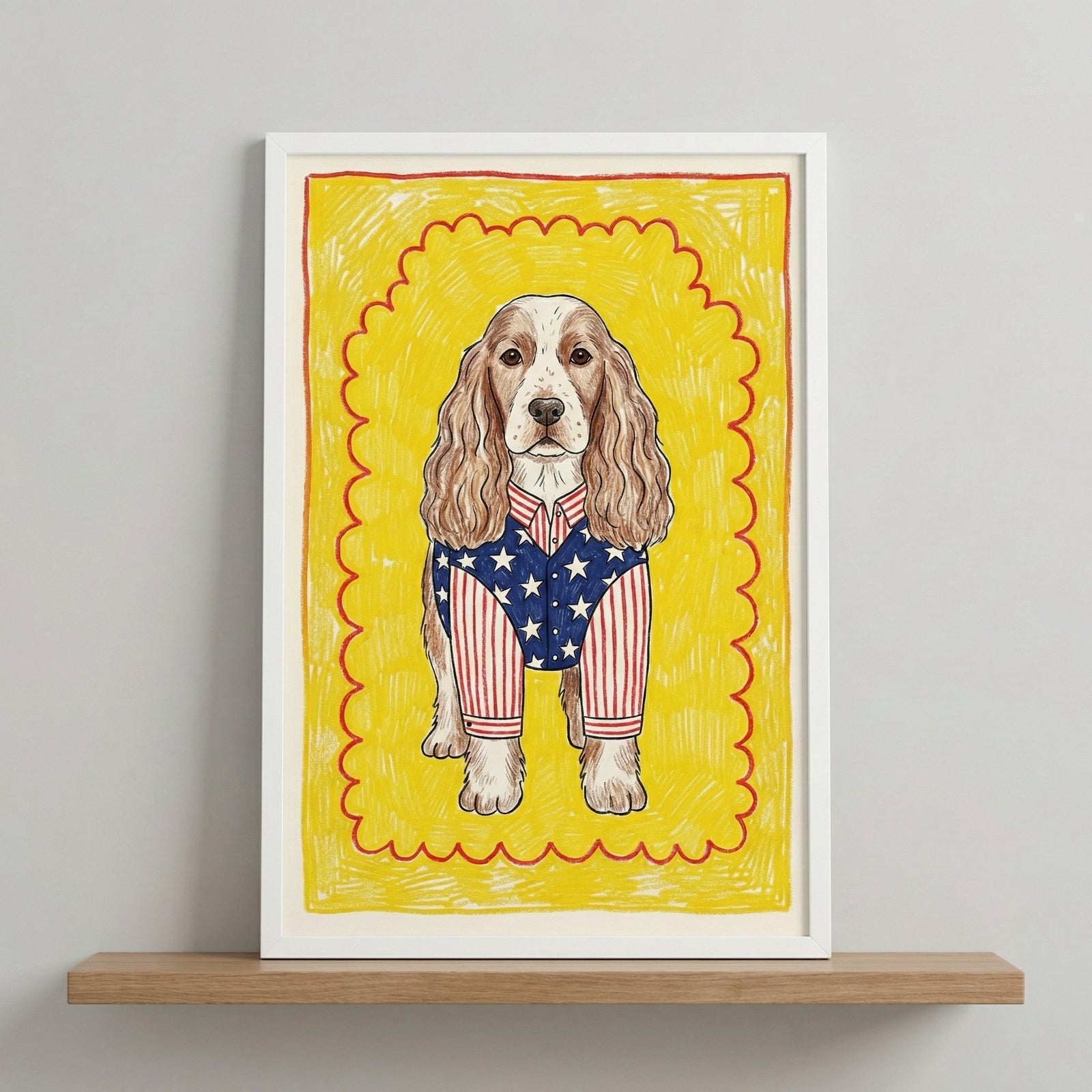 A framed illustration of a cocker spaniel wearing a red, white, and blue outfit with stars and stripes, resembling the American flag, set against a bright yellow background with a scalloped red border. The quirky, patriotic dog portrait is propped on a wooden shelf.