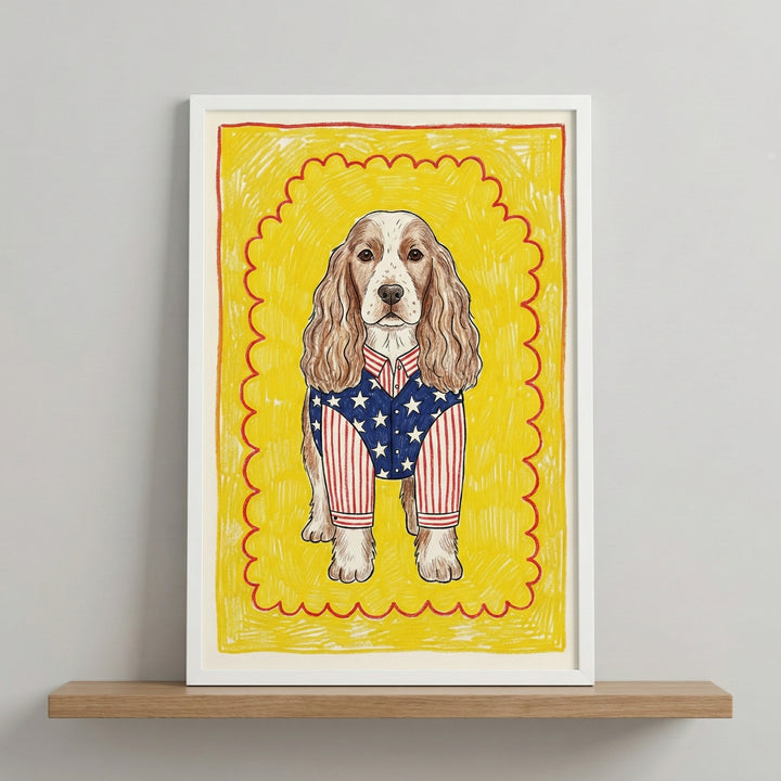 A framed illustration of a cocker spaniel wearing a red, white, and blue outfit with stars and stripes, resembling the American flag, set against a bright yellow background with a scalloped red border. The quirky, patriotic dog portrait is propped on a wooden shelf.