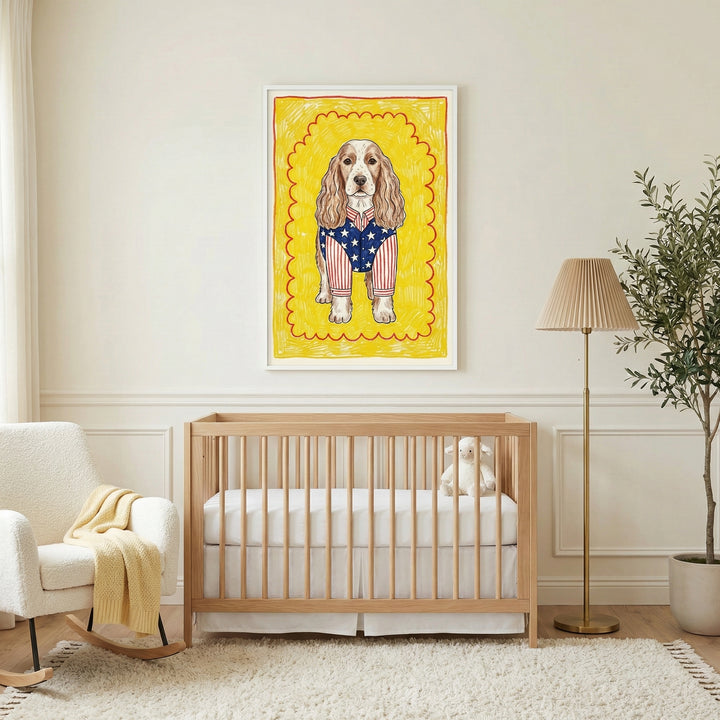 A playful framed illustration of a dog dressed in an American flag-themed outfit hangs above a minimalist wooden crib in a cozy nursery. The cheerful yellow background and whimsical art add a lighthearted, patriotic touch to the space.