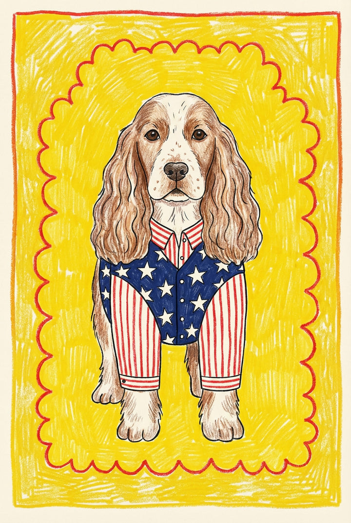 Whimsical illustration of a long-eared dog wearing an outfit patterned with the American flag—blue with white stars and red-and-white stripes. The dog stands confidently against a bright yellow scalloped background, blending patriotic flair with playful charm.