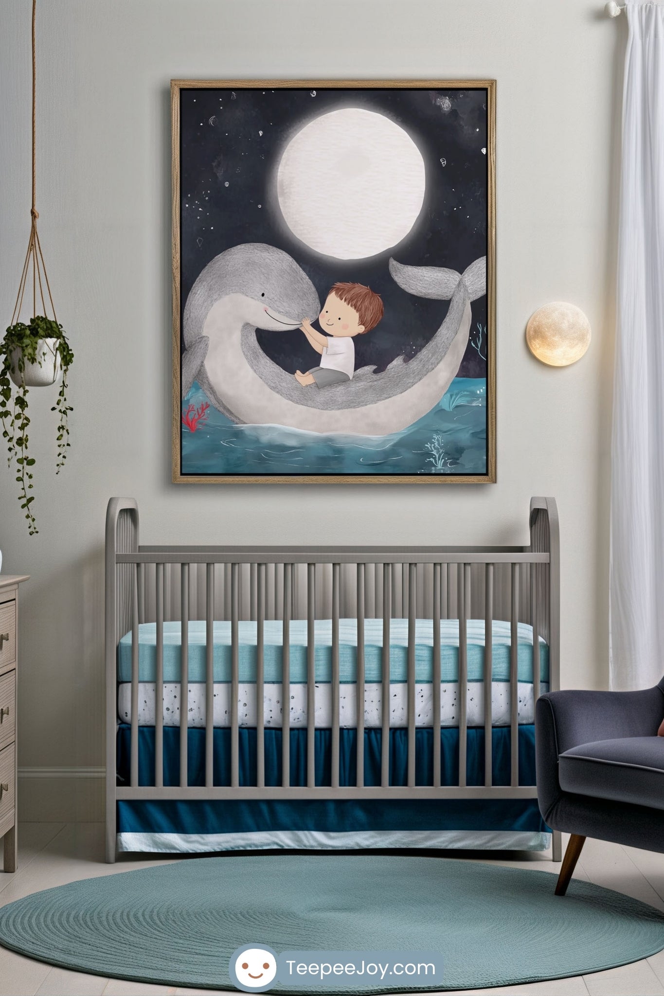 Cozy nursery with a gray crib and teal bedding, featuring a whimsical framed wall art of a child hugging a smiling dolphin under a glowing full moon and starry night sky. The scene has a dreamy underwater vibe, adding a peaceful, imaginative touch to the room.