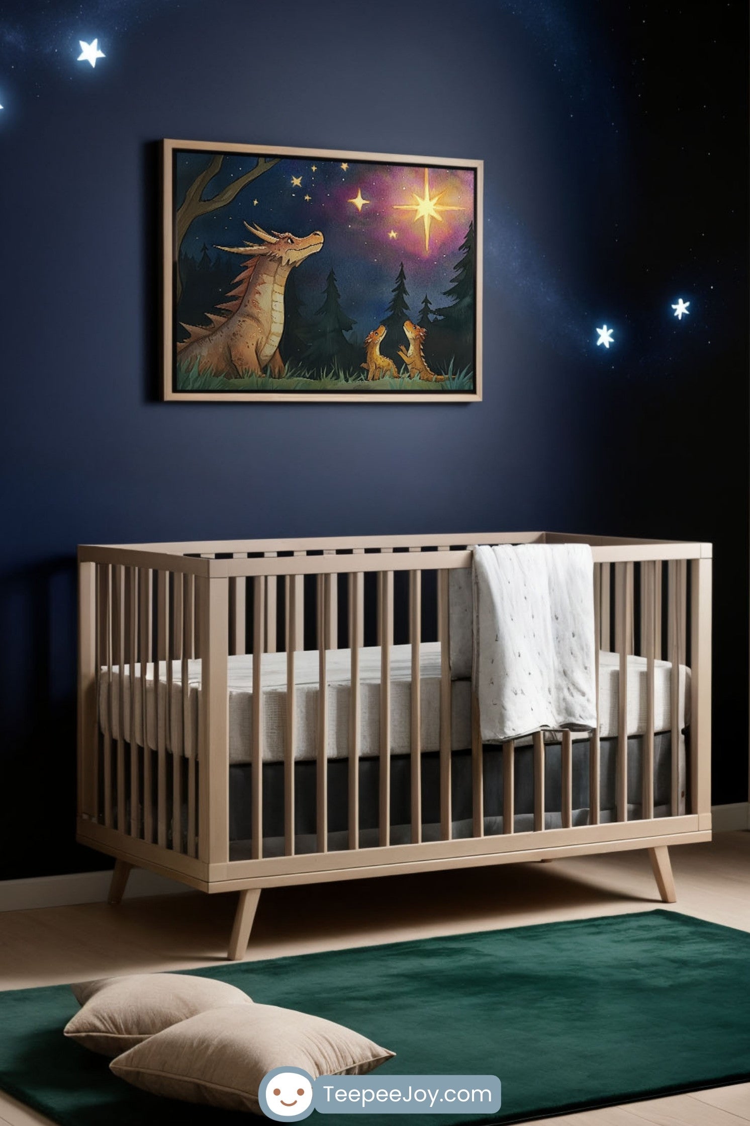 Dragon Wall Art for Nursery, Playroom or Kids Bedrooms - Whimsical Night Sky with Dragon Family and Stars - Star Seekers