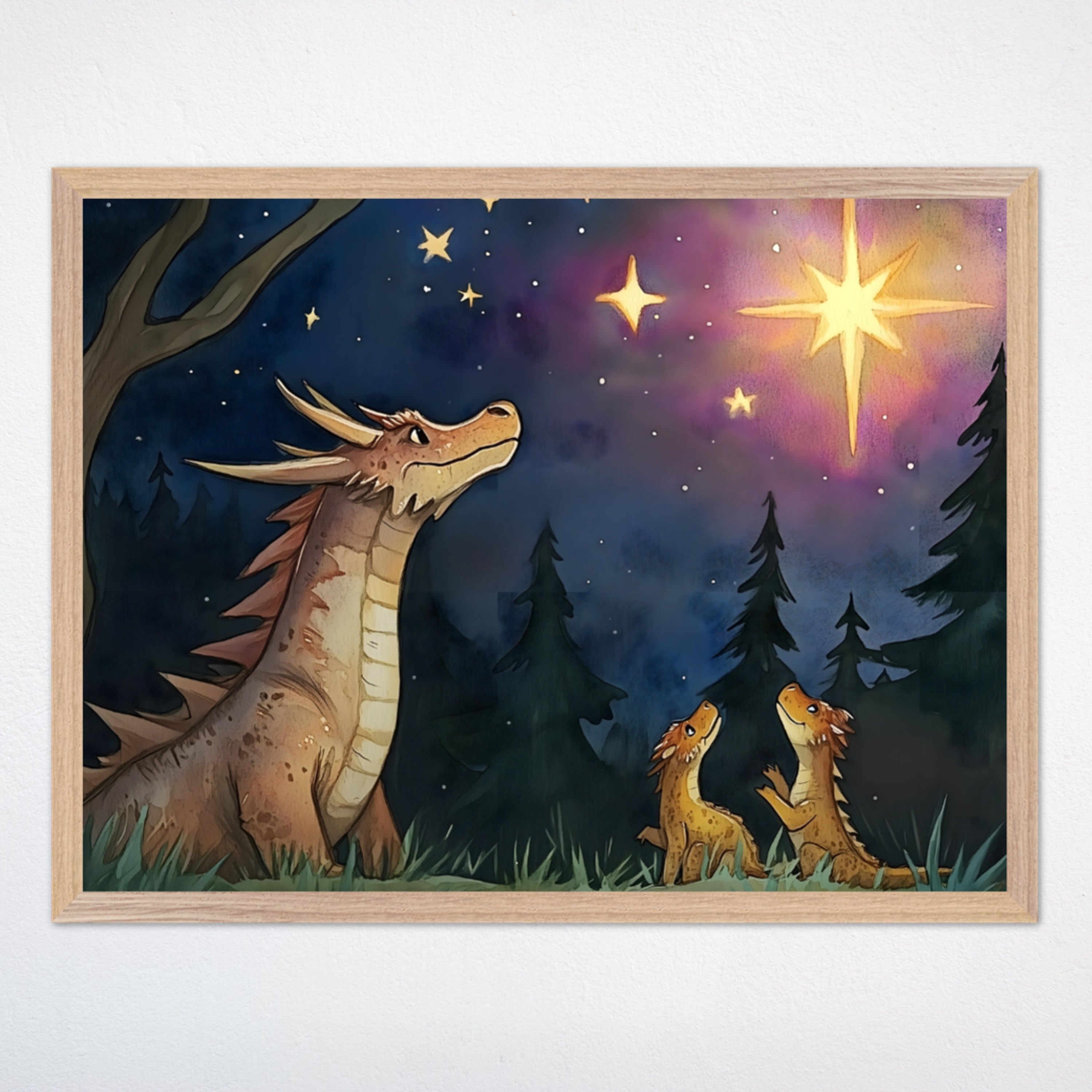 Dragon Wall Art for Nursery, Playroom or Kids Bedrooms - Whimsical Night Sky with Dragon Family and Stars - Star Seekers