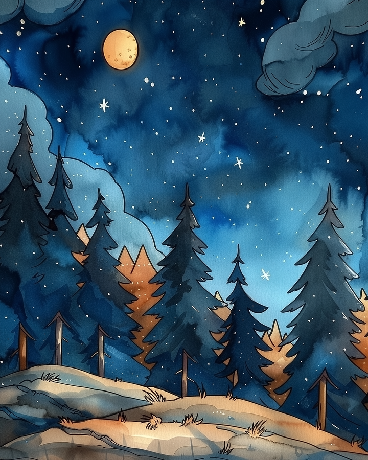 A starry night sky filled with glowing stars and a full moon stretches over a forest of tall pine trees on gently rolling hills. The dark blue and gold tones create a peaceful, dreamy atmosphere as moonlight softly illuminates the landscape.